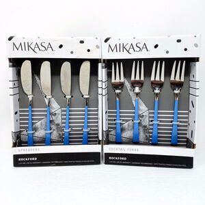 Mikasa ROCKFORD Blue Handle Cocktail Forks and Butter Spreaders Knife Set Lot